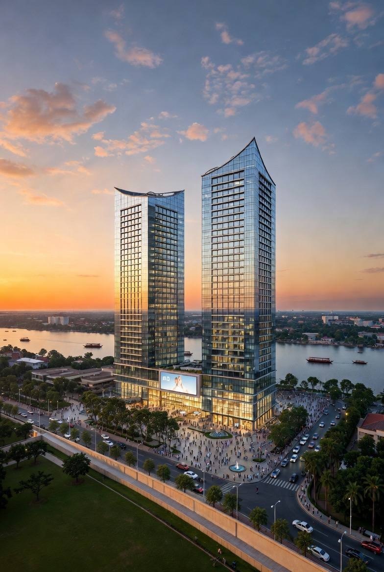 Riverside Twin Towers — photorealistic sunset render of the twin glass towers on the Mekong riverfront